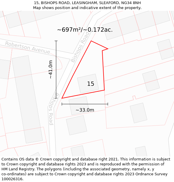 15, BISHOPS ROAD, LEASINGHAM, SLEAFORD, NG34 8NH: Plot and title map