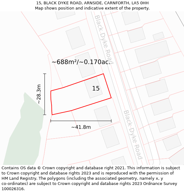 15, BLACK DYKE ROAD, ARNSIDE, CARNFORTH, LA5 0HH: Plot and title map