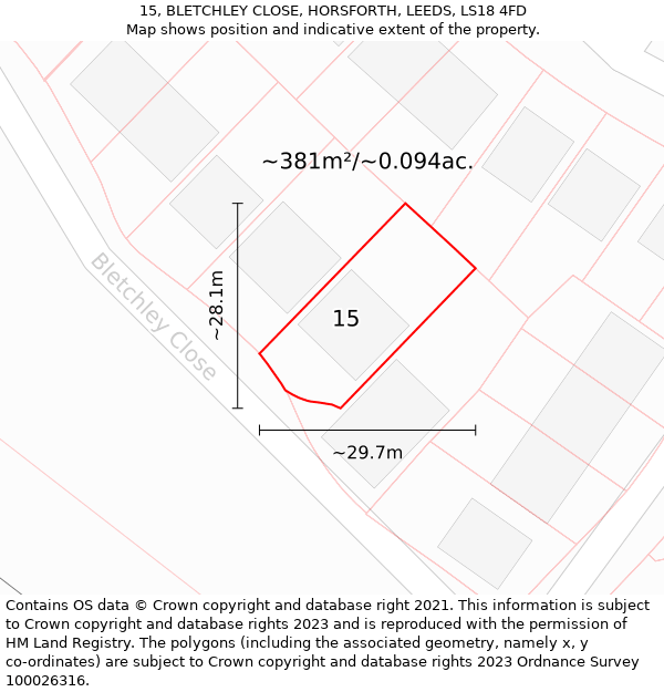 15, BLETCHLEY CLOSE, HORSFORTH, LEEDS, LS18 4FD: Plot and title map