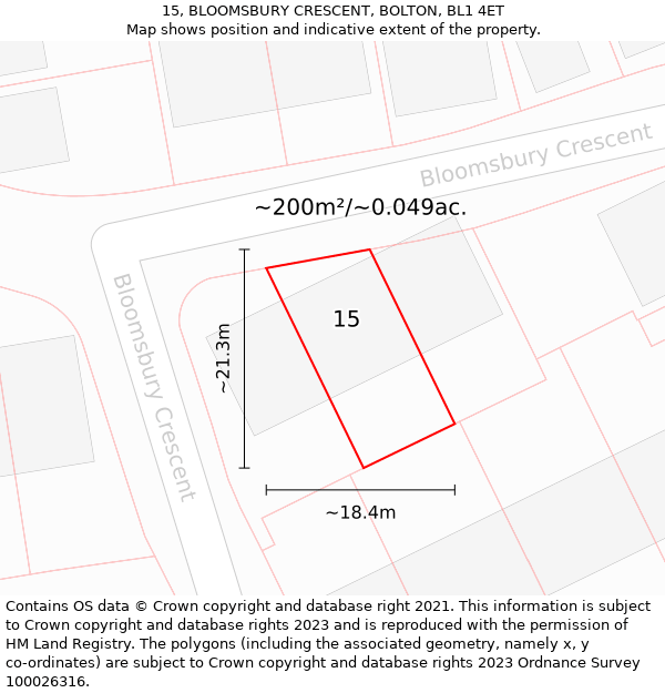 15, BLOOMSBURY CRESCENT, BOLTON, BL1 4ET: Plot and title map