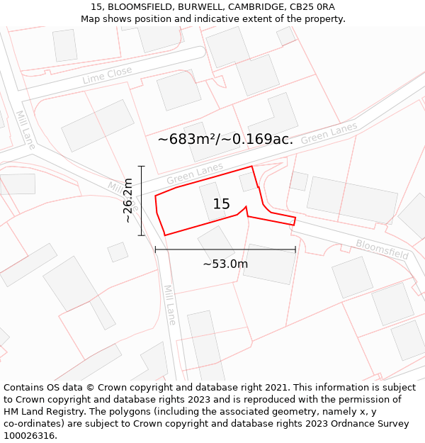 15, BLOOMSFIELD, BURWELL, CAMBRIDGE, CB25 0RA: Plot and title map