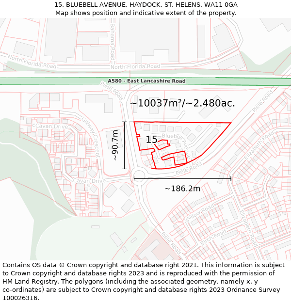 15, BLUEBELL AVENUE, HAYDOCK, ST HELENS, WA11 0GA: Plot and title map