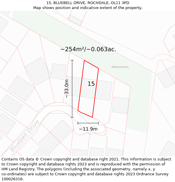 15, BLUEBELL DRIVE, ROCHDALE, OL11 3PD: Plot and title map