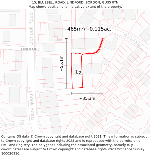 15, BLUEBELL ROAD, LINDFORD, BORDON, GU35 0YN: Plot and title map