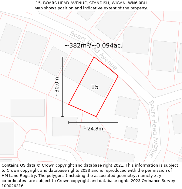 15, BOARS HEAD AVENUE, STANDISH, WIGAN, WN6 0BH: Plot and title map