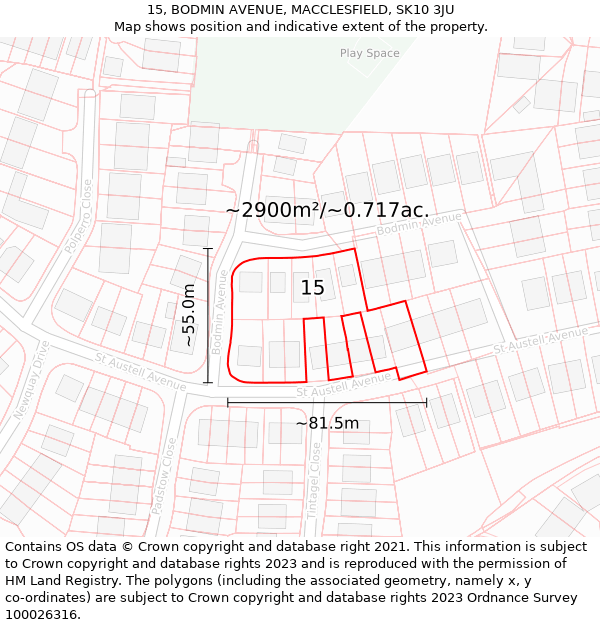 15, BODMIN AVENUE, MACCLESFIELD, SK10 3JU: Plot and title map