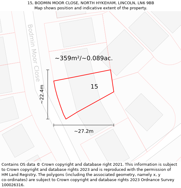 15, BODMIN MOOR CLOSE, NORTH HYKEHAM, LINCOLN, LN6 9BB: Plot and title map