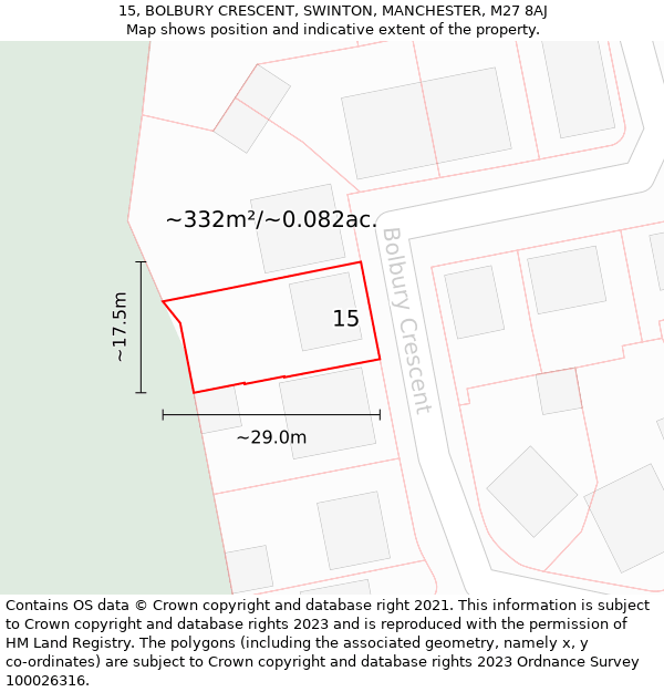 15, BOLBURY CRESCENT, SWINTON, MANCHESTER, M27 8AJ: Plot and title map