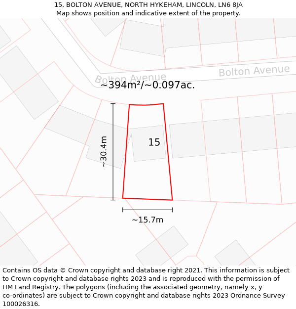 15, BOLTON AVENUE, NORTH HYKEHAM, LINCOLN, LN6 8JA: Plot and title map