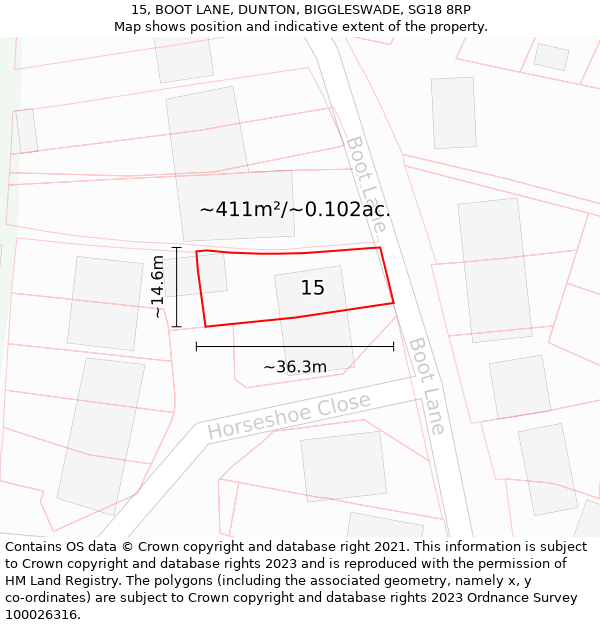 15, BOOT LANE, DUNTON, BIGGLESWADE, SG18 8RP: Plot and title map