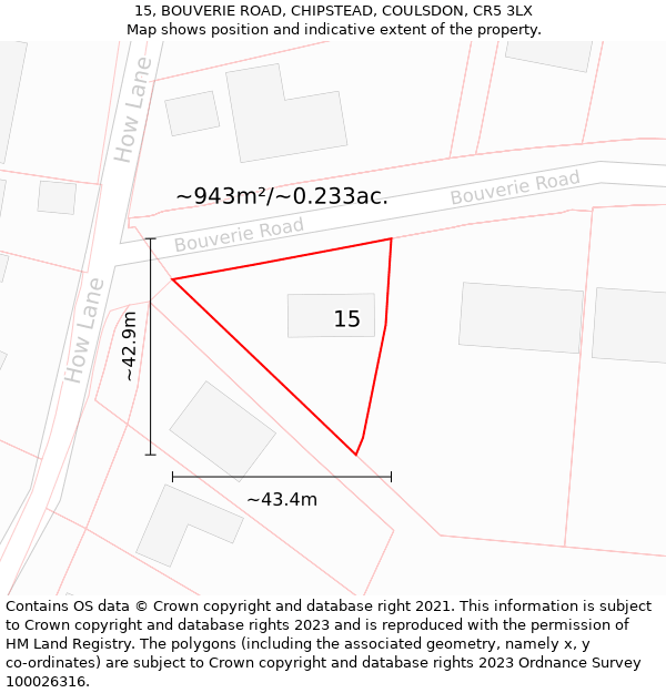 15, BOUVERIE ROAD, CHIPSTEAD, COULSDON, CR5 3LX: Plot and title map