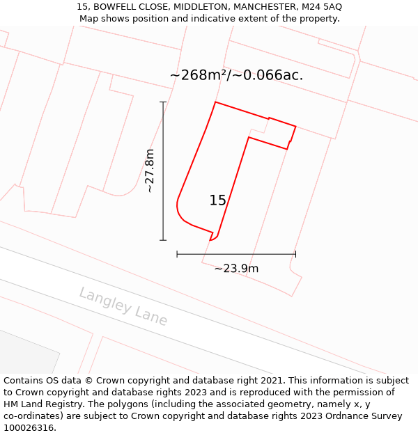 15, BOWFELL CLOSE, MIDDLETON, MANCHESTER, M24 5AQ: Plot and title map