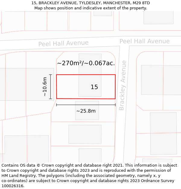 15, BRACKLEY AVENUE, TYLDESLEY, MANCHESTER, M29 8TD: Plot and title map