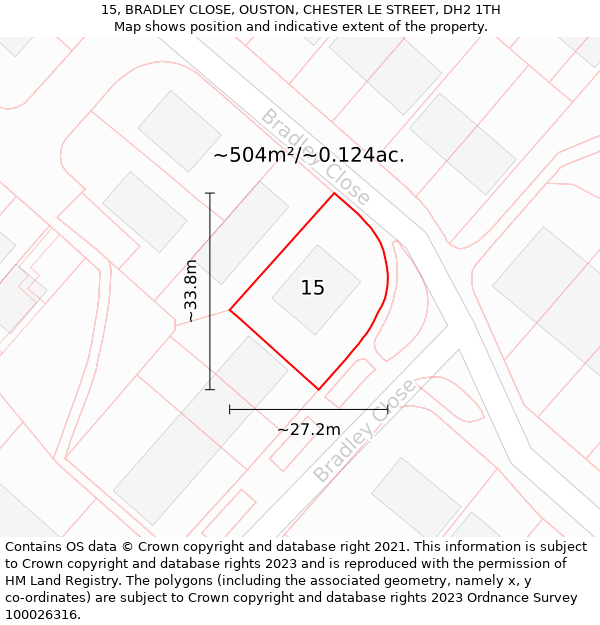 15, BRADLEY CLOSE, OUSTON, CHESTER LE STREET, DH2 1TH: Plot and title map