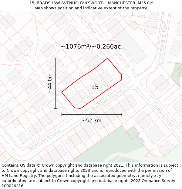 15, BRADSHAW AVENUE, FAILSWORTH, MANCHESTER, M35 0JY: Plot and title map