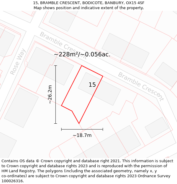 15, BRAMBLE CRESCENT, BODICOTE, BANBURY, OX15 4SF: Plot and title map