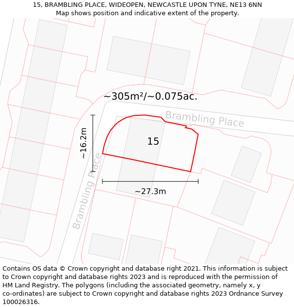 15, BRAMBLING PLACE, WIDEOPEN, NEWCASTLE UPON TYNE, NE13 6NN: Plot and title map