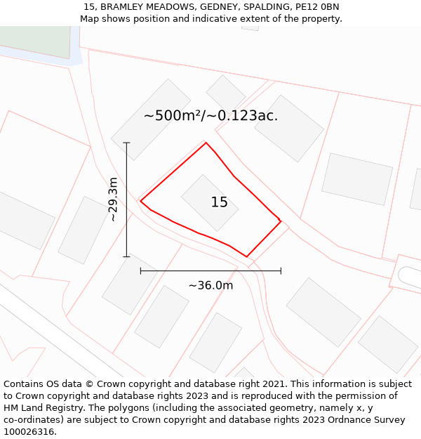 15, BRAMLEY MEADOWS, GEDNEY, SPALDING, PE12 0BN: Plot and title map