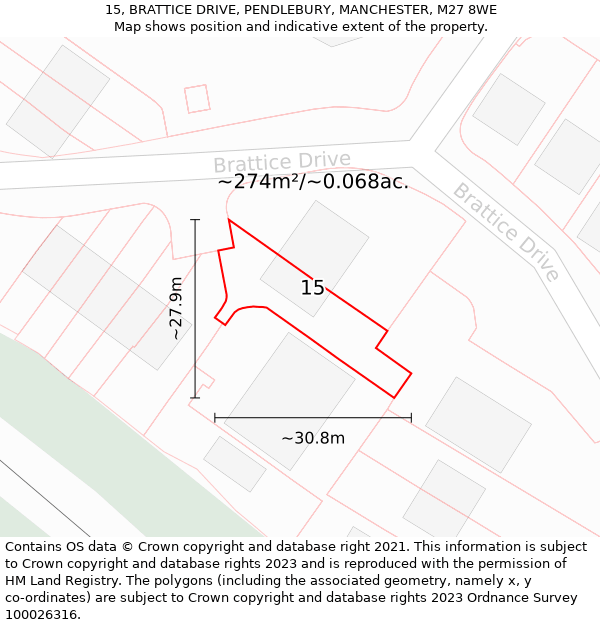 15, BRATTICE DRIVE, PENDLEBURY, MANCHESTER, M27 8WE: Plot and title map