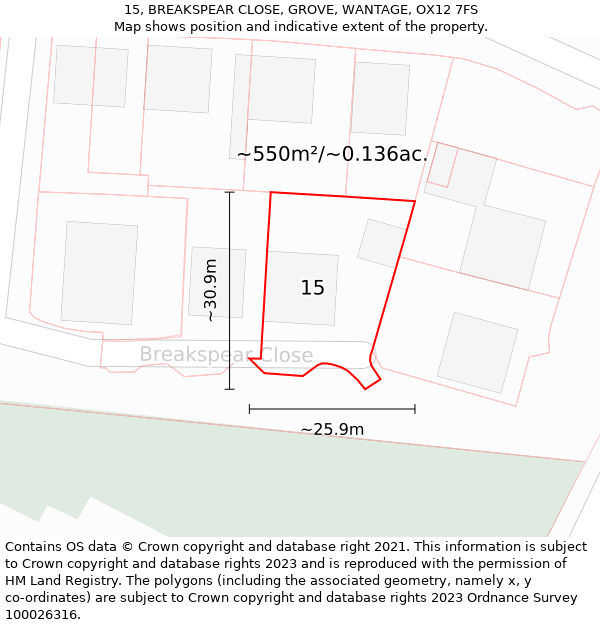 15, BREAKSPEAR CLOSE, GROVE, WANTAGE, OX12 7FS: Plot and title map