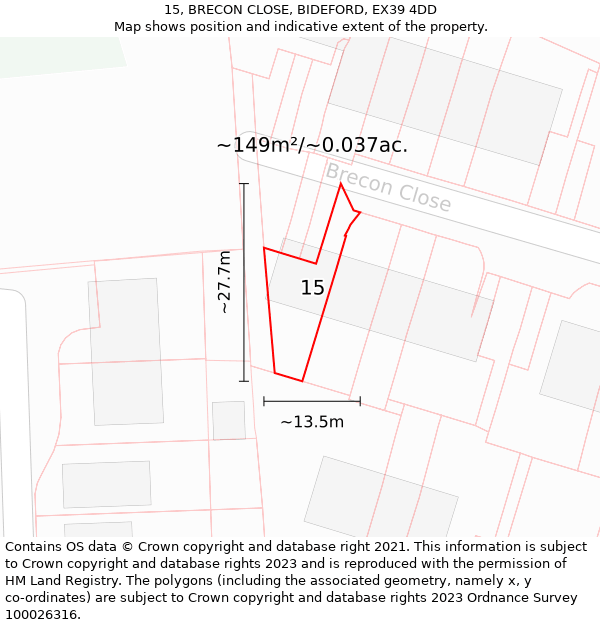 15, BRECON CLOSE, BIDEFORD, EX39 4DD: Plot and title map