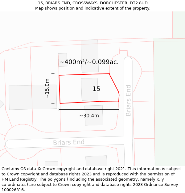 15, BRIARS END, CROSSWAYS, DORCHESTER, DT2 8UD: Plot and title map