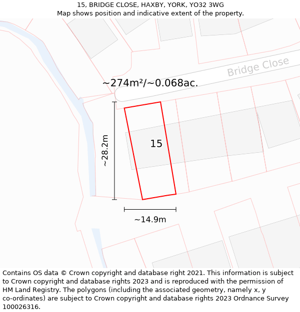 15, BRIDGE CLOSE, HAXBY, YORK, YO32 3WG: Plot and title map