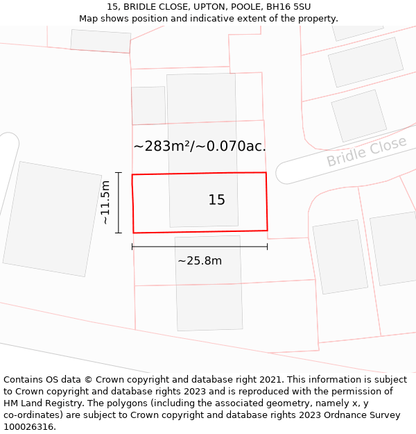 15, BRIDLE CLOSE, UPTON, POOLE, BH16 5SU: Plot and title map