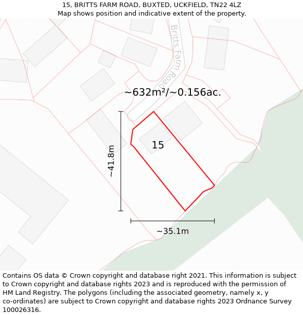 15, BRITTS FARM ROAD, BUXTED, UCKFIELD, TN22 4LZ: Plot and title map