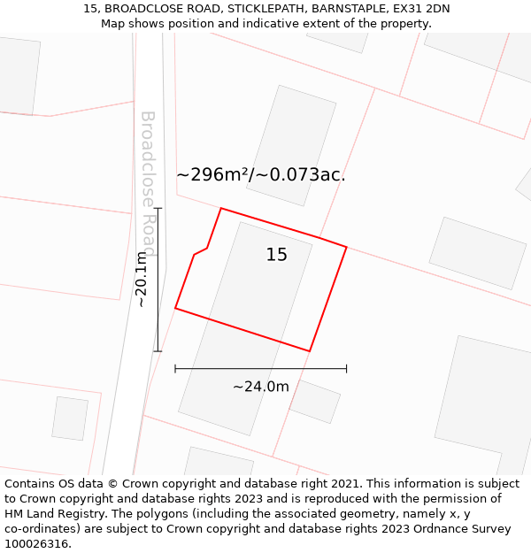 15, BROADCLOSE ROAD, STICKLEPATH, BARNSTAPLE, EX31 2DN: Plot and title map