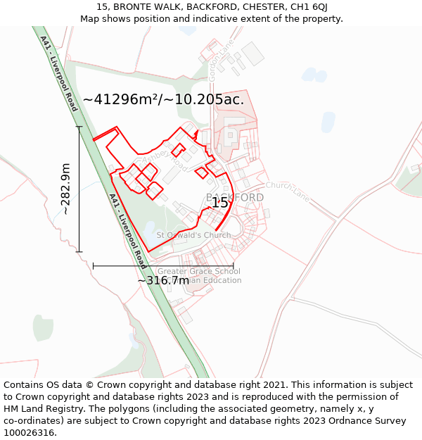 15, BRONTE WALK, BACKFORD, CHESTER, CH1 6QJ: Plot and title map