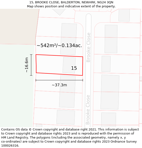 15, BROOKE CLOSE, BALDERTON, NEWARK, NG24 3QN: Plot and title map