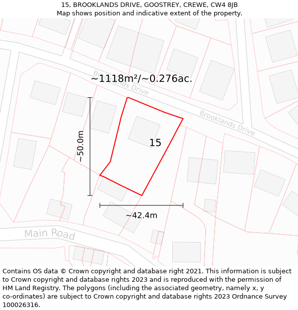 15, BROOKLANDS DRIVE, GOOSTREY, CREWE, CW4 8JB: Plot and title map