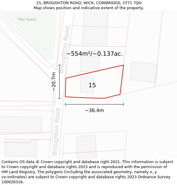 15, BROUGHTON ROAD, WICK, COWBRIDGE, CF71 7QH: Plot and title map