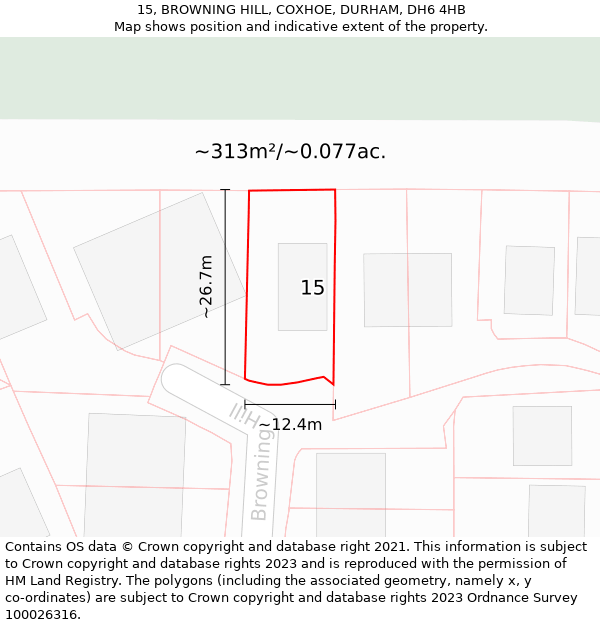 15, BROWNING HILL, COXHOE, DURHAM, DH6 4HB: Plot and title map
