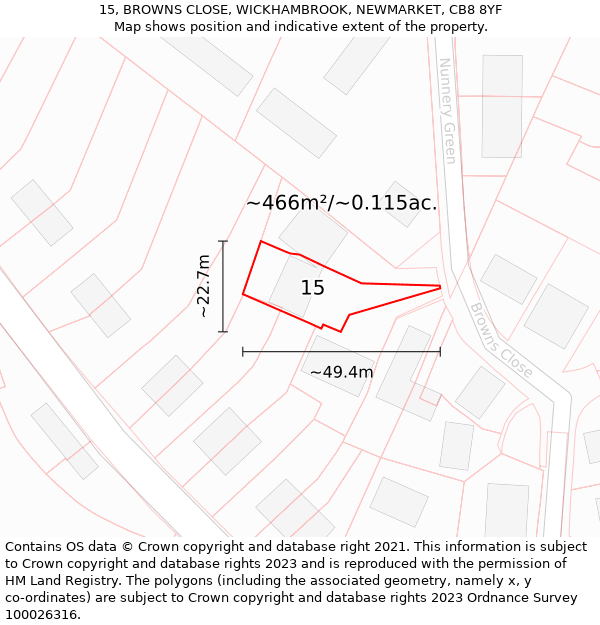 15, BROWNS CLOSE, WICKHAMBROOK, NEWMARKET, CB8 8YF: Plot and title map