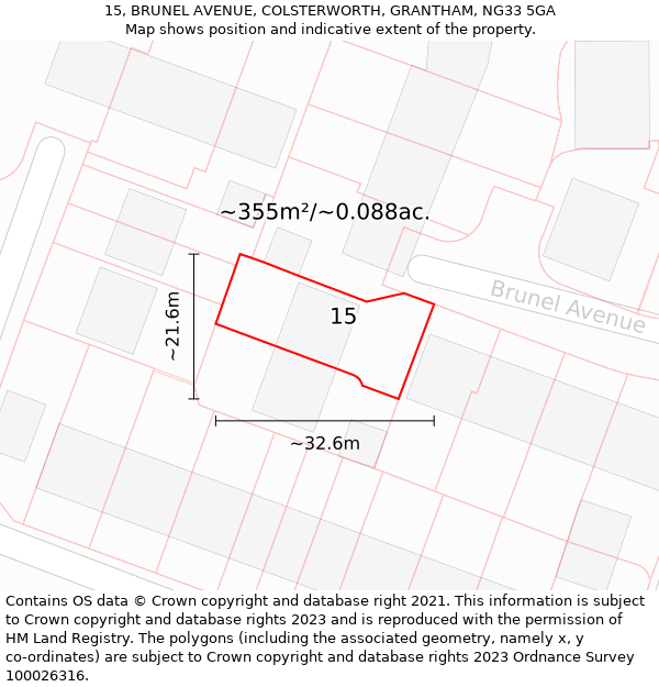 15, BRUNEL AVENUE, COLSTERWORTH, GRANTHAM, NG33 5GA: Plot and title map