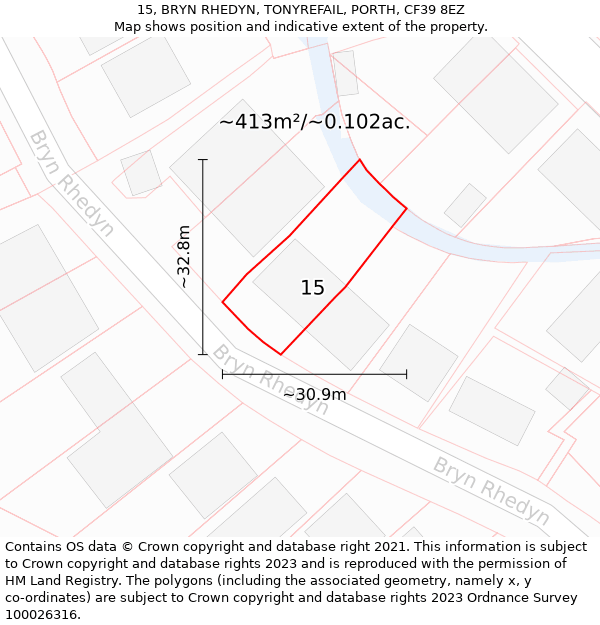 15, BRYN RHEDYN, TONYREFAIL, PORTH, CF39 8EZ: Plot and title map