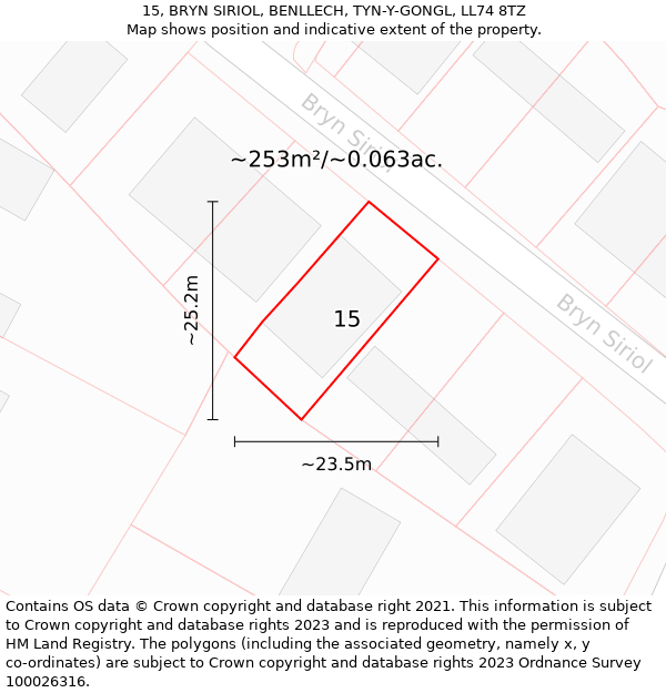 15, BRYN SIRIOL, BENLLECH, TYN-Y-GONGL, LL74 8TZ: Plot and title map