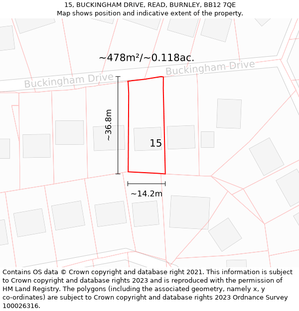 15, BUCKINGHAM DRIVE, READ, BURNLEY, BB12 7QE: Plot and title map