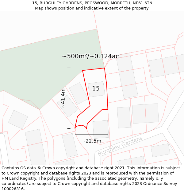 15, BURGHLEY GARDENS, PEGSWOOD, MORPETH, NE61 6TN: Plot and title map