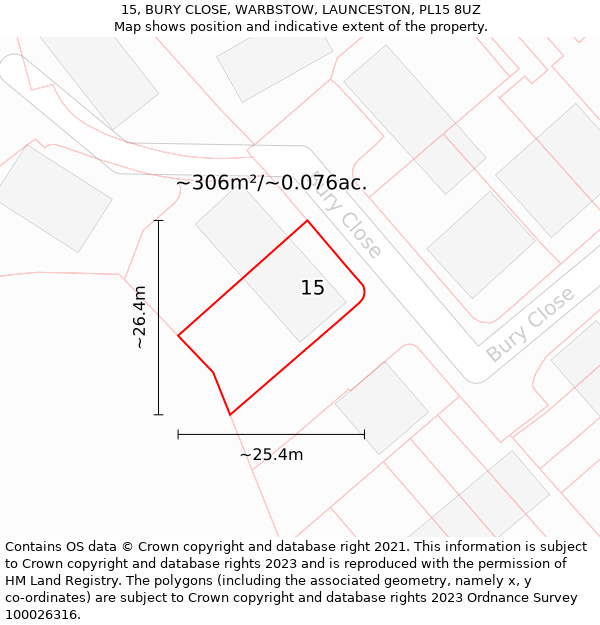 15, BURY CLOSE, WARBSTOW, LAUNCESTON, PL15 8UZ: Plot and title map