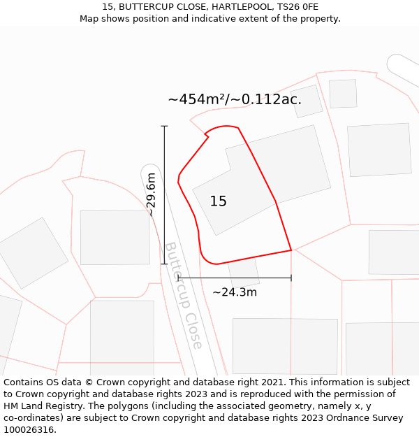 15, BUTTERCUP CLOSE, HARTLEPOOL, TS26 0FE: Plot and title map