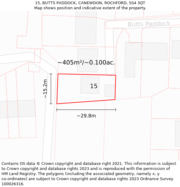 15, BUTTS PADDOCK, CANEWDON, ROCHFORD, SS4 3QT: Plot and title map