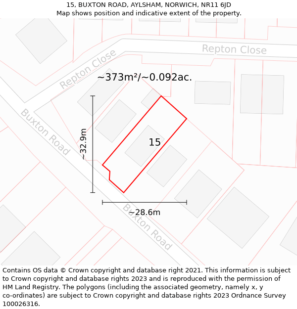 15, BUXTON ROAD, AYLSHAM, NORWICH, NR11 6JD: Plot and title map