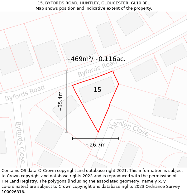 15, BYFORDS ROAD, HUNTLEY, GLOUCESTER, GL19 3EL: Plot and title map