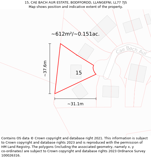 15, CAE BACH AUR ESTATE, BODFFORDD, LLANGEFNI, LL77 7JS: Plot and title map