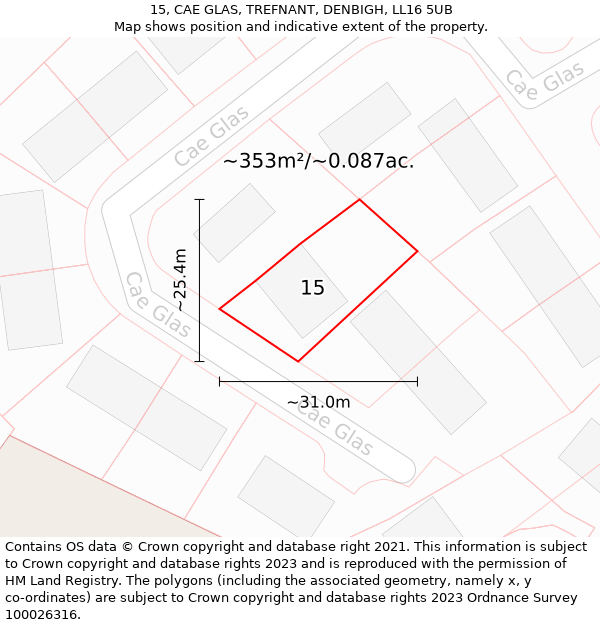 15, CAE GLAS, TREFNANT, DENBIGH, LL16 5UB: Plot and title map