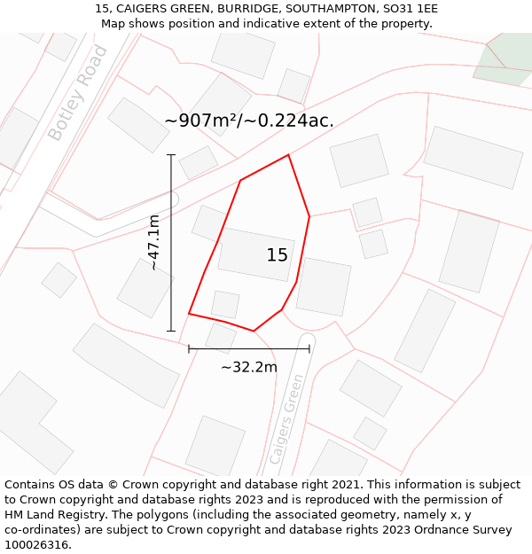 15, CAIGERS GREEN, BURRIDGE, SOUTHAMPTON, SO31 1EE: Plot and title map