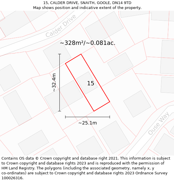 15, CALDER DRIVE, SNAITH, GOOLE, DN14 9TD: Plot and title map